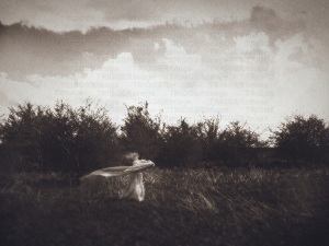 A ghostly figure of a woman with a long veil dancing on the field, with small trees in the background and a cloudy sky.